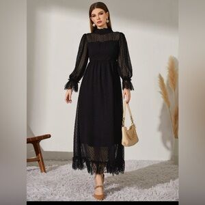 SHEIN Mulvari Swiss Dot Ruffle Neck A-line Dress